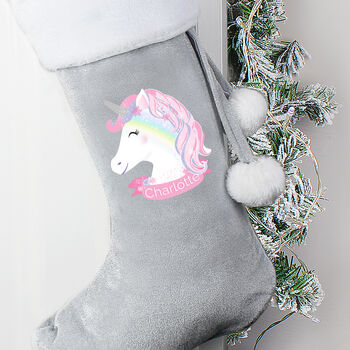 Personalised Unicorn Luxury Silver Grey Christmas Stocking, 2 of 3