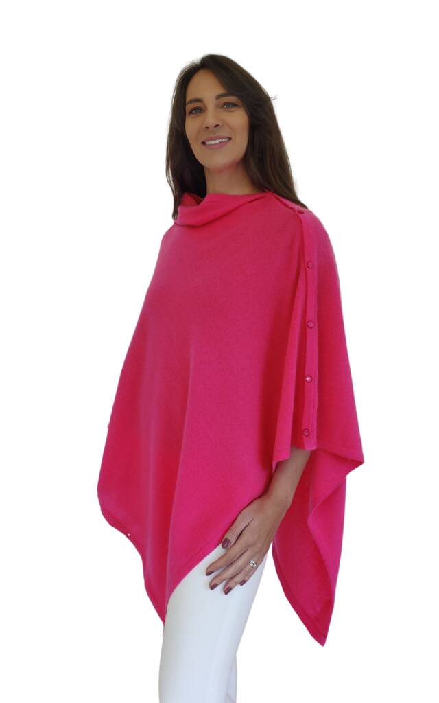 Neon Pink 100% Cashmere Multi Ways Button Poncho, 1 of 10
