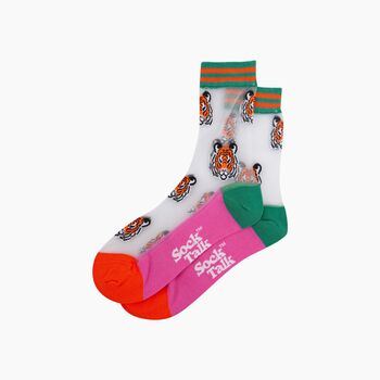 Tiger Faces Combed Cotton Sheer Pop Socks In Green, 3 of 4