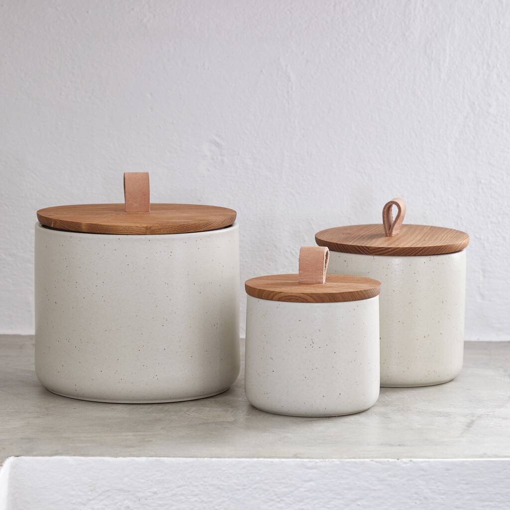 Round Oak And Stoneware Storage Canister, 1 of 4