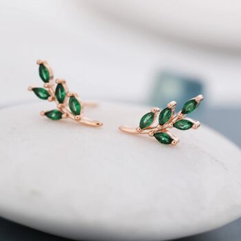 Emerald Green Leaf Stud Earrings In Sterling Silver, 5 of 12