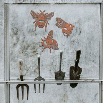 Set Of Three Metal Bees Rusty Metal Art Gardener Gift, 9 of 10