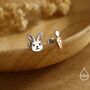 Mismatched Rabbit And Carrot Stud Earrings In Sterling Silver With Partial Rose Gold, thumbnail 1 of 12