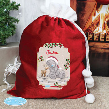 Personalised Me To You Reindeer Luxury Pom Pom Red Christmas Sack, 2 of 3