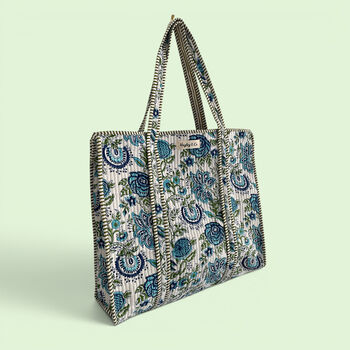 Blue And Green Block Print Floral Quilted Cotton Tote Bag, 5 of 5