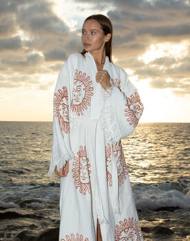 Long Organic Cotton Robe: White With Terracotta Sun, 2 of 3