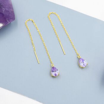 Sterling Silver Alexandrite Purple Blue Droplet Cz Threader Earrings, 7 of 12