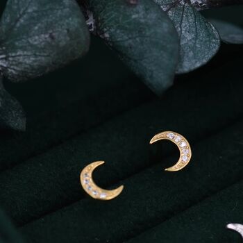 Cz Crescent Moon Stud Earrings In Sterling Silver, 7 of 11