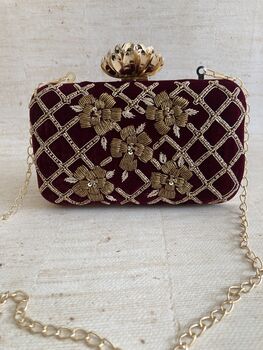 Maroon Velvet Handcrafted Rectangular Clutch Bag, 4 of 10