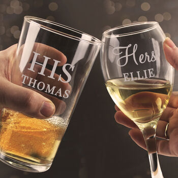 Personalised His And Her Pint And Wine Glass Set, 2 of 3