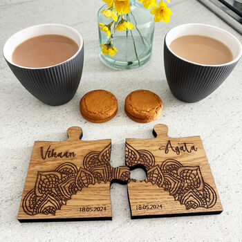 Oak Veneer Personalised Jigsaw Coasters Hindu Design, 2 of 7