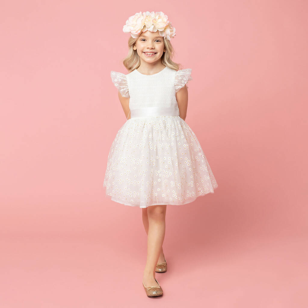 Confetti Flower Girl Smocked Blossom Tulle Dress, White, 1 of 5