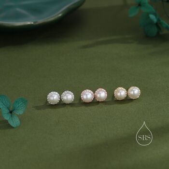 Sterling Silver Genuine Freshwater Pearl Cz Stud Earrings, 2 of 12