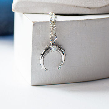 Silver Plated Opal Crescent Moon Necklace, 6 of 8