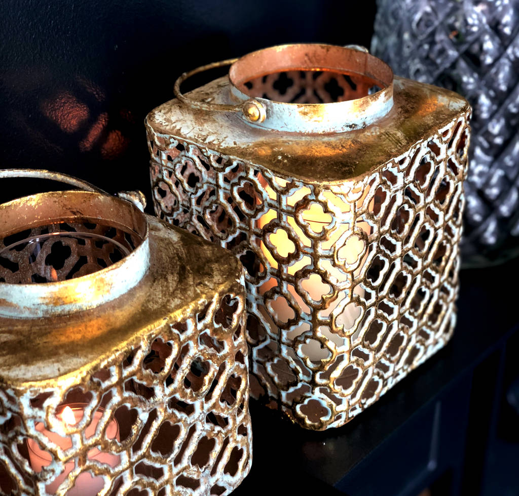 Pair Moroccan Marrakesh Candle Holder Gold Lantern By The Luxe Co