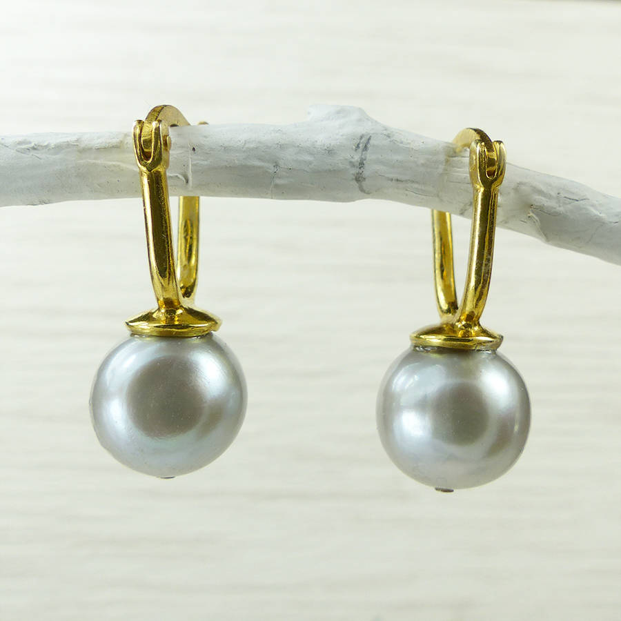 Vermeil Hinged Earrings With Grey Pearls By Mounir London