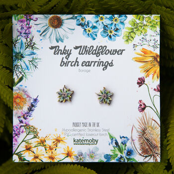 Inky Borage Wildflower Birch Stud Earrings, 4 of 10