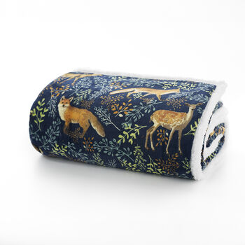 Fox And Deer Throw With Sherpa Backing Navy, 2 of 2