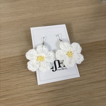 Handmade Crochet White Daisy Earrings: Surgical Steel, 5 of 12