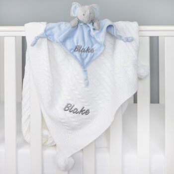 Personalised Blue Ellie Comforter Cable Blanket White, 7 of 10