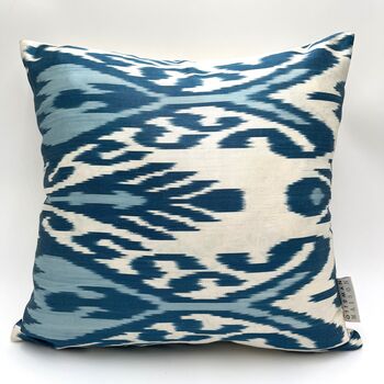 Square Ikat Silk Cushion Blue Abstract Ikat, 2 of 8