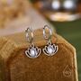 Sterling Silver Lotus Flower Huggie Hoop Earrings With Lab Moonstone, thumbnail 1 of 11