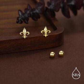 Sterling Silver Fleur De Lis 18 G Screw Back Earrings With Ball Backs, 2 of 11