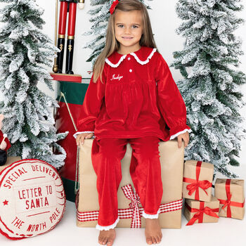 Girls Personalised Red Velvet Christmas Pyjamas, 2 of 4