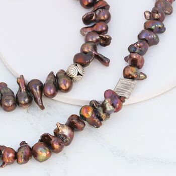 Dramatic Copper Brown Pearl Necklace With Focal Sterling Silver Bead, 7 of 12
