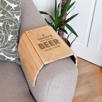Personalised Beer Goes Here Wooden Sofa Armchair Tray, 2 of 3