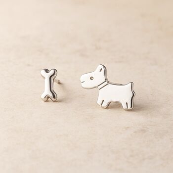 Sterling Silver Mismatched Westie/Scottie And Bone Stud Earrings, 2 of 11
