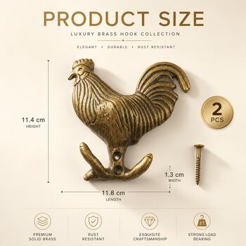 Vintage Brass Rooster Wall Hooks Set Of Two, 5 of 9