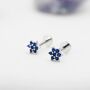 Sterling Silver Tiny Sapphire Blue Cz Flower Internally Threaded Flat Back Earrings, thumbnail 1 of 10