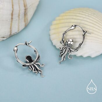 Sterling Silver Octopus Charm Hoop Earrings, 5 of 11