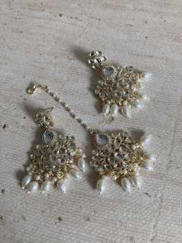 White Gold Plated Pearl Kundan Earrings And Tikka Set, 2 of 6