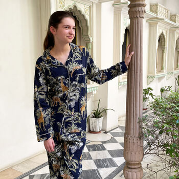 Giraffe And Leopard Print 100% Cotton Ladies Pyjamas In Dark Blue, 2 of 8