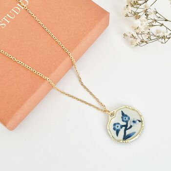 Blue And White Floral Handmade Circle Clay Necklace, 3 of 9