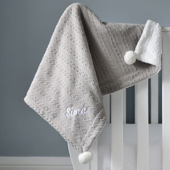 Personalised Grey Cable Knit Pom Pom Blanket, 5 of 12