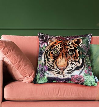 Totem Tiger And Tropical Flowers Luxury Velvet Square Cushion, 3 of 7