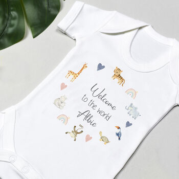 Personalised New Baby Bodysuit Welcome To The World Animals, 2 of 6