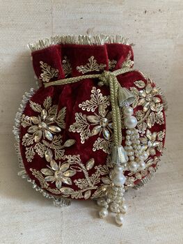 Maroon Velvet Handcrafted Potli Bag, 3 of 10