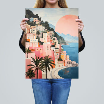 Amalfi Coast Sunrise Italy Pink Blue Wall Art Print, 2 of 6