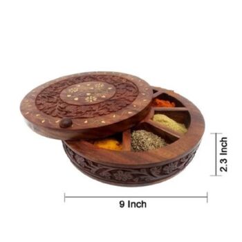 Wooden Handicraft Round Brass Embossed Spice Box, 4 of 4