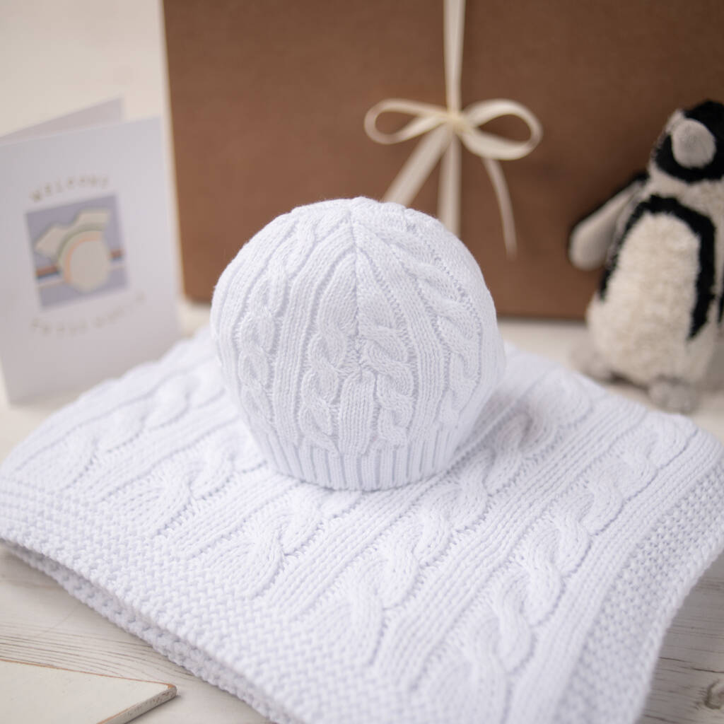 White Cable Baby Blanket And Hat Gift Set, 1 of 12