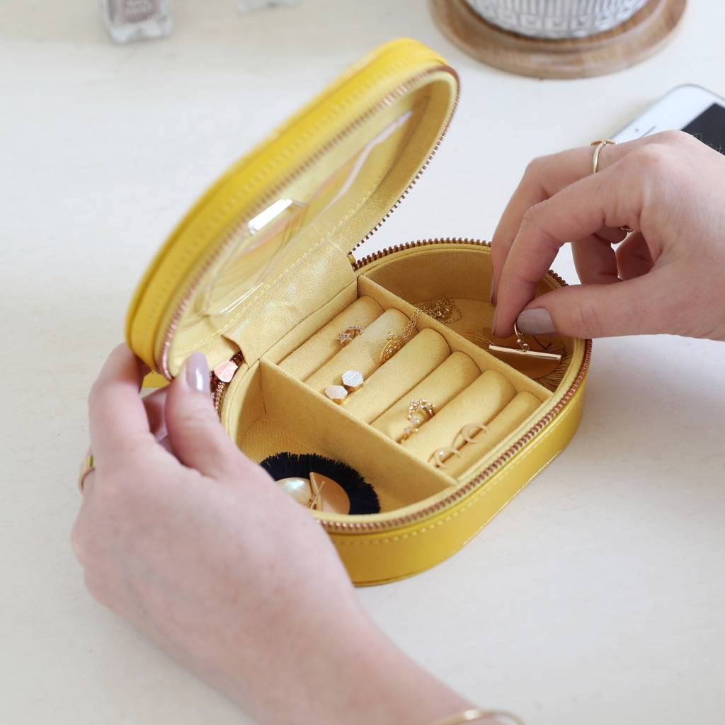 personalised oval travel jewellery box in mustard by lisa angel
