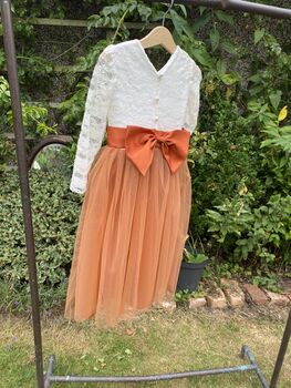 Long Sleeve Lace Burnt Orange Tulle Dress, 4 of 7