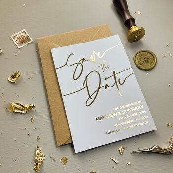 Personalised White Card Gold Foil Wedding Save The Date, 6 of 8