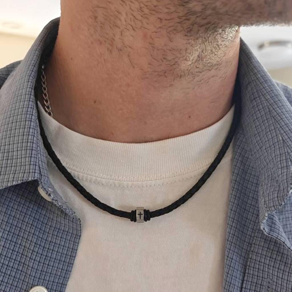 Mens Leather Necklace Engraved With A Christian Cross, 1 of 5