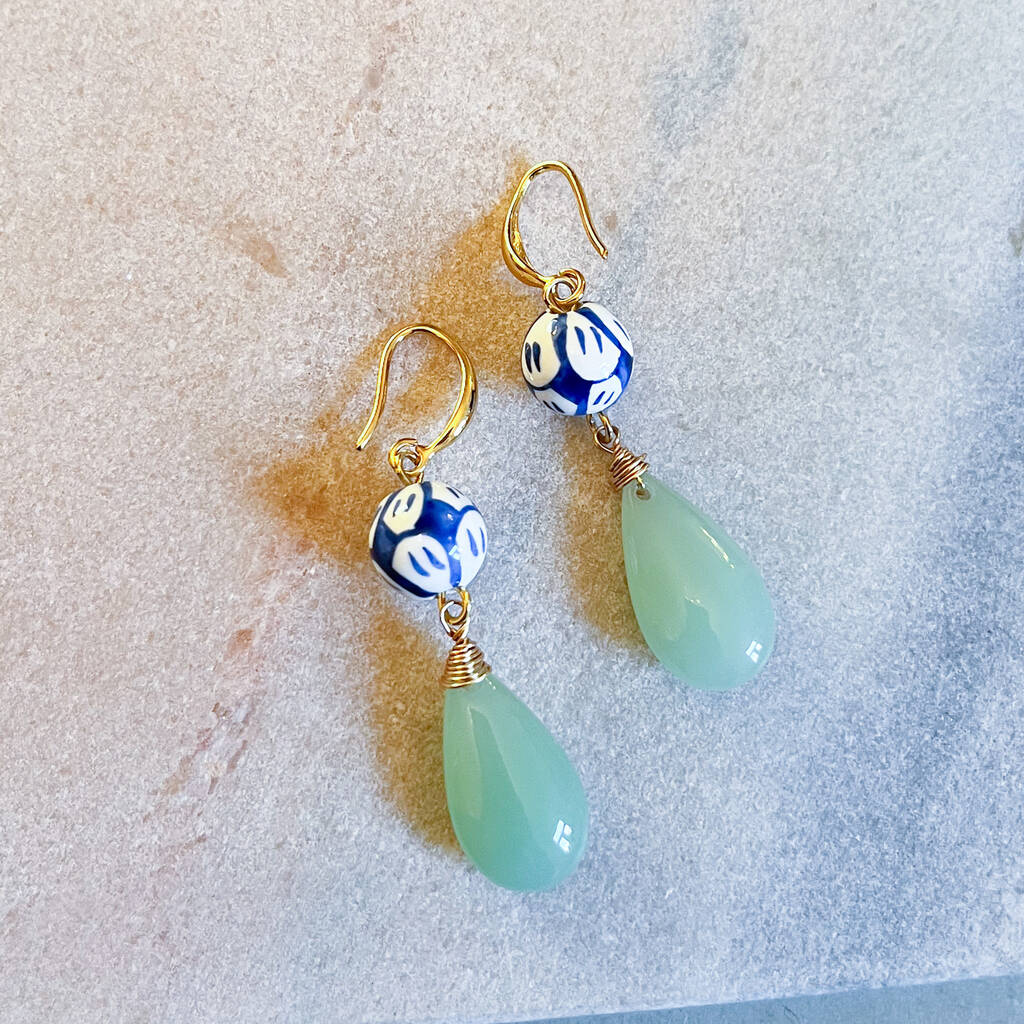 Painted Porcelain And Jade Green Drop Earrings, 1 of 1