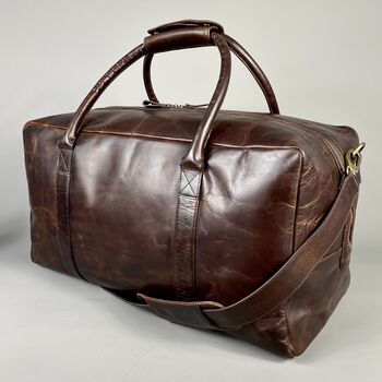 Large Cognac Leather Weekend Holdall, 7 of 8